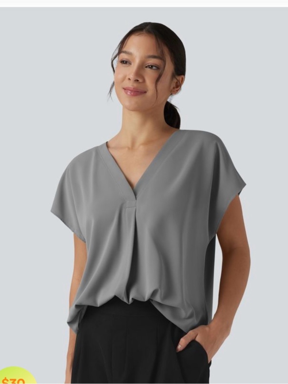 HALARA Gray V-Neck Pleated Short-Sleeve Blouse